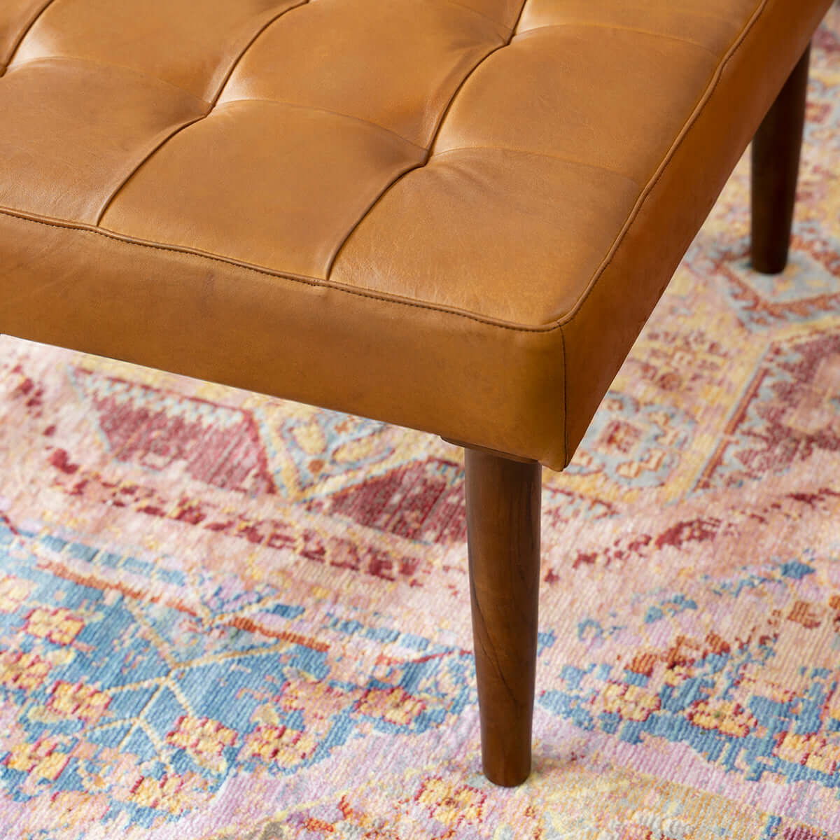 Mark - Mid-Century Tufted Square Genuine Leather Upholstered Ottoman - Light Tan / Rustic