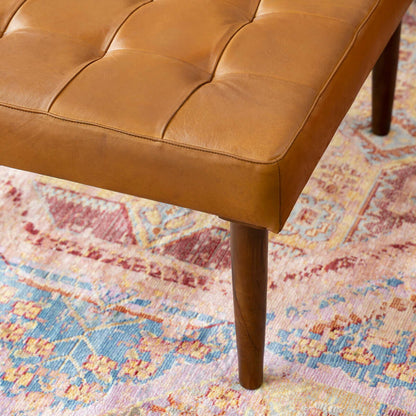 Mark - Mid-Century Tufted Square Genuine Leather Upholstered Ottoman - Light Tan / Rustic