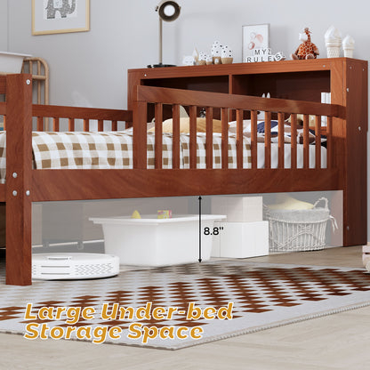 Twin Size Bed With Headboard Storage Rack, 2 Under Bed Drawers, 3 - Side Guardrails For Safety And Security - Walnut