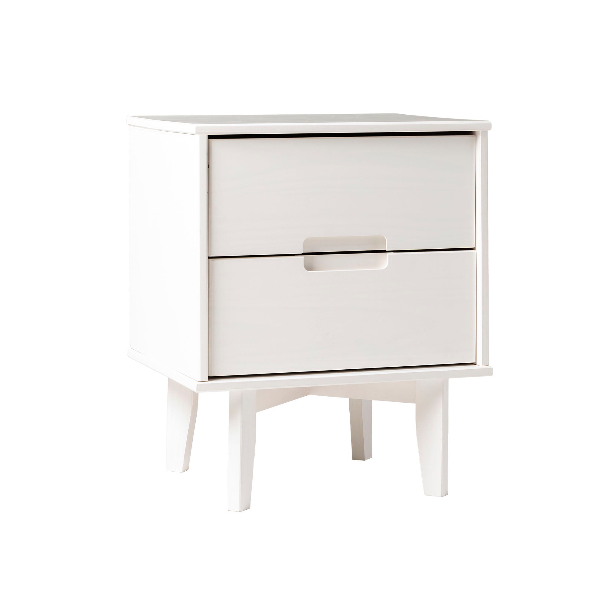 Mid-Century Modern 2 Drawer Solid Wood Nighstand With Cutout Handles - White