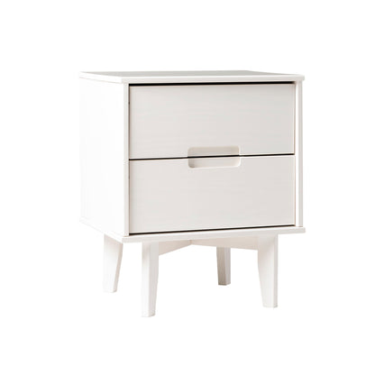 Mid-Century Modern 2 Drawer Solid Wood Nighstand With Cutout Handles - White