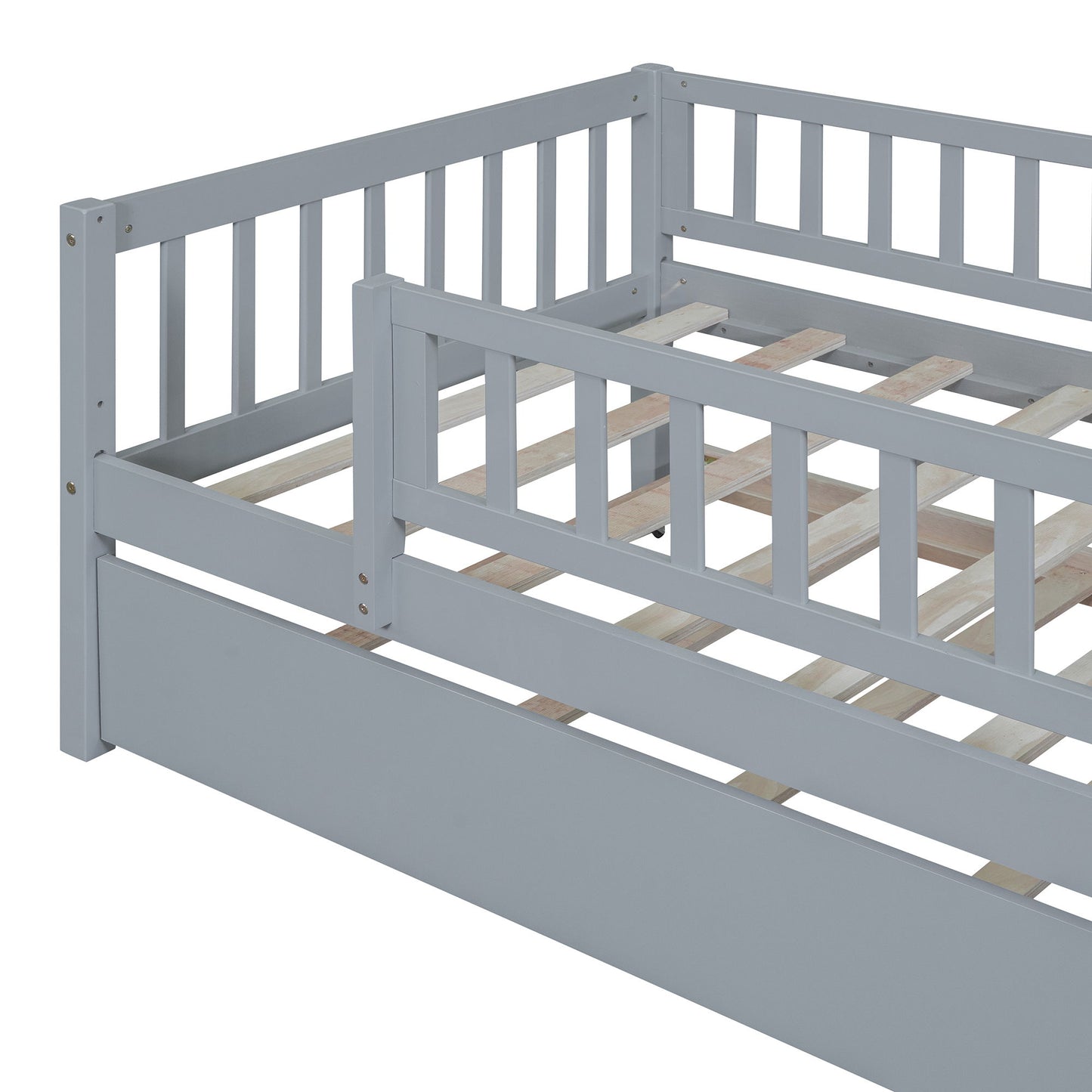 Twin Size Daybed With Trundle And Fence Guardrails - Gray