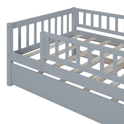 Twin Size Daybed With Trundle And Fence Guardrails - Gray