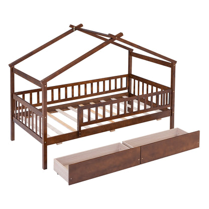 Twin Size House Bed With 2 Drawers - Walnut