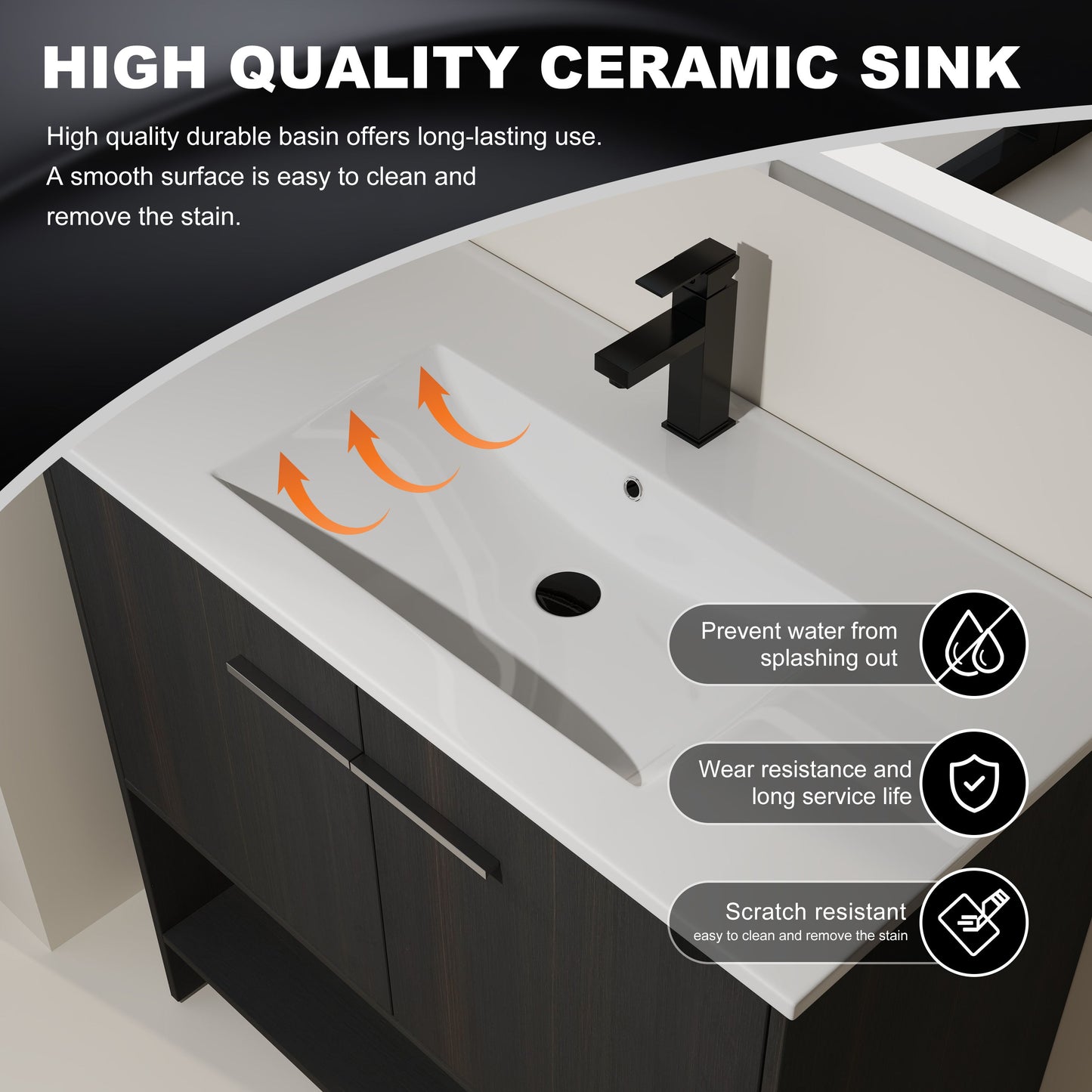 Modern 36" Bathroom Vanity With Ceramic Sink And Soft Closing Doors - Dark Oak