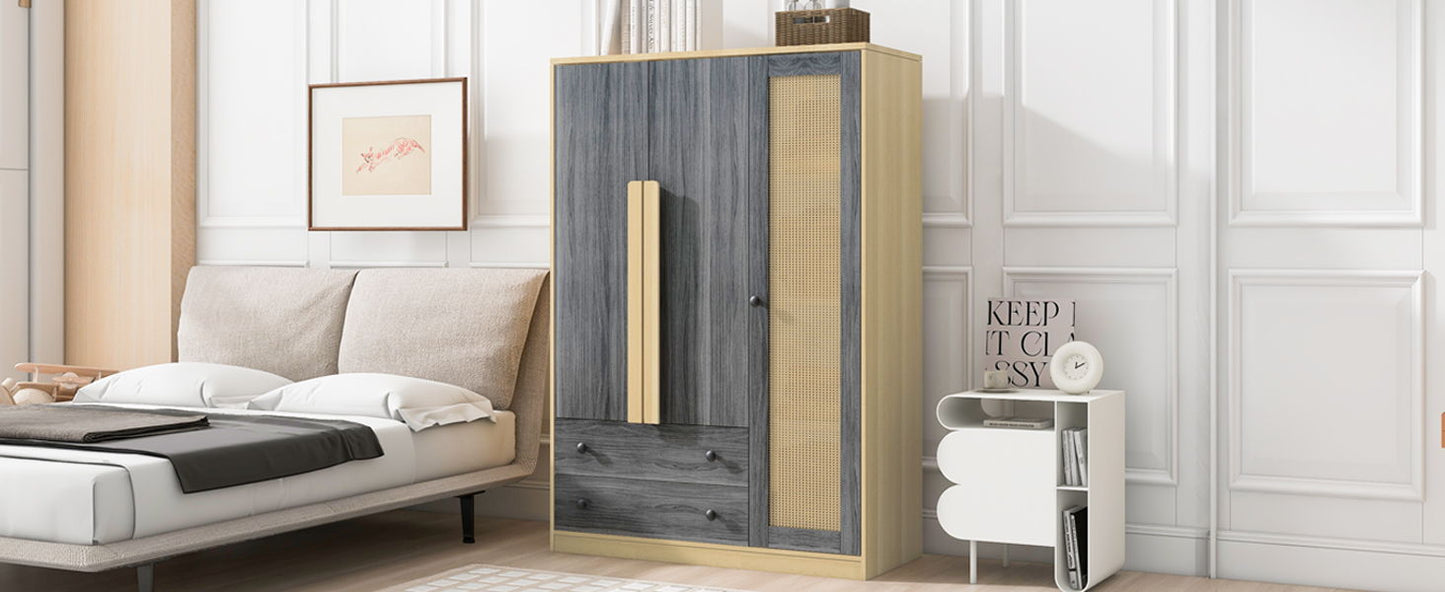 3 Doors Rattan Wardrobe Storage For Bedroom, With 2 Drawers - Gray / Nature