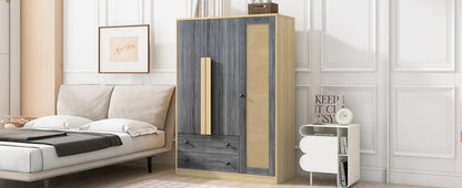 3 Doors Rattan Wardrobe Storage For Bedroom, With 2 Drawers - Gray / Nature
