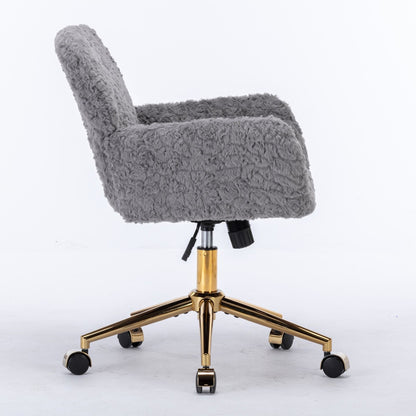 Office Chair, Artificial Rabbit Hair Home Office Chair With Golden Metal Base, Adjustable Desk Chair Swivel Office Chair, Vanity Chair - Gray