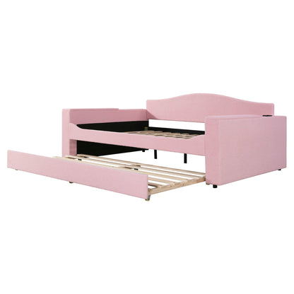 Full Size Upholstered Daybed With Storage Armrests, Trundle And Latest Integrated Bluetooth Audio System, Teddy Fleece - Pink