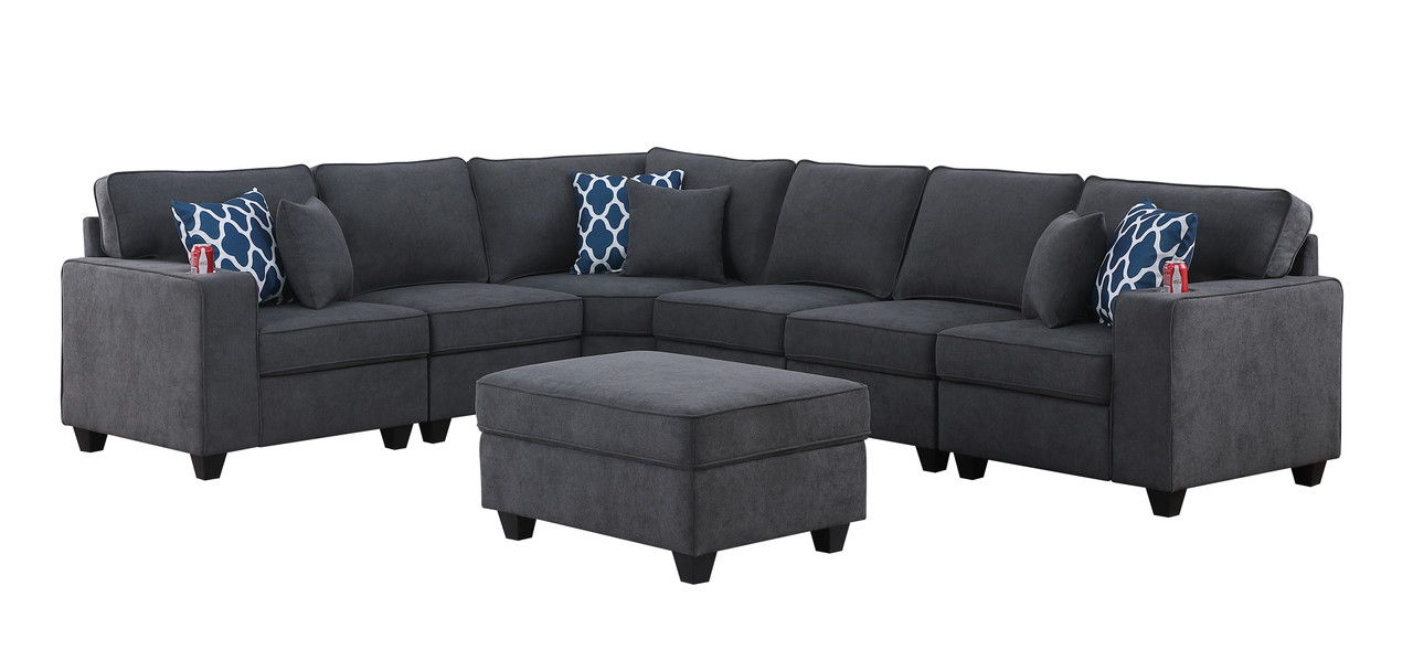 Cooper - 7 Piece Reversible L-Shape Sectional Sofa & Comfort Ottoman, And Cupholder - Stone Gray