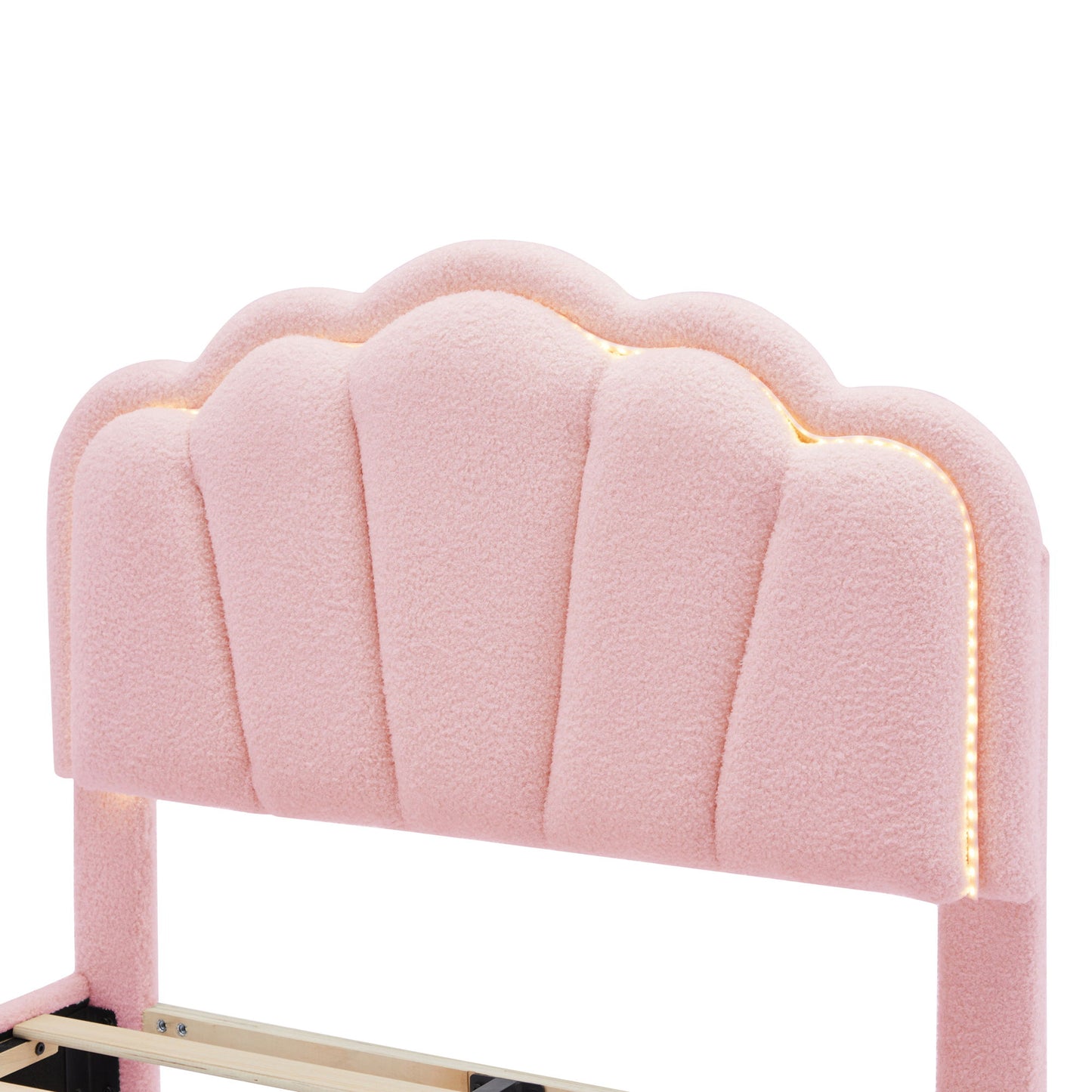 Twin Size Upholstered Flower-Shape Bed, Elegant Flowers Headboard With LED Light Strip, Sherpa Fabric Platform Bed With Slats Support - Pink