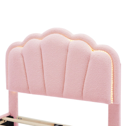 Twin Size Upholstered Flower-Shape Bed, Elegant Flowers Headboard With LED Light Strip, Sherpa Fabric Platform Bed With Slats Support - Pink
