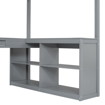 Full Loft Bed With U Shaped Desk, Storage Compartments And Tri Fold Mirror - Gray