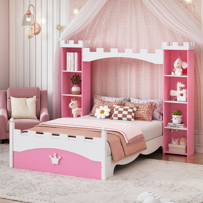 Castle Shaped Bed With Storage Shelf, Dreamy Twin Size Platform Bed For Kids Bedroom - Pink / White