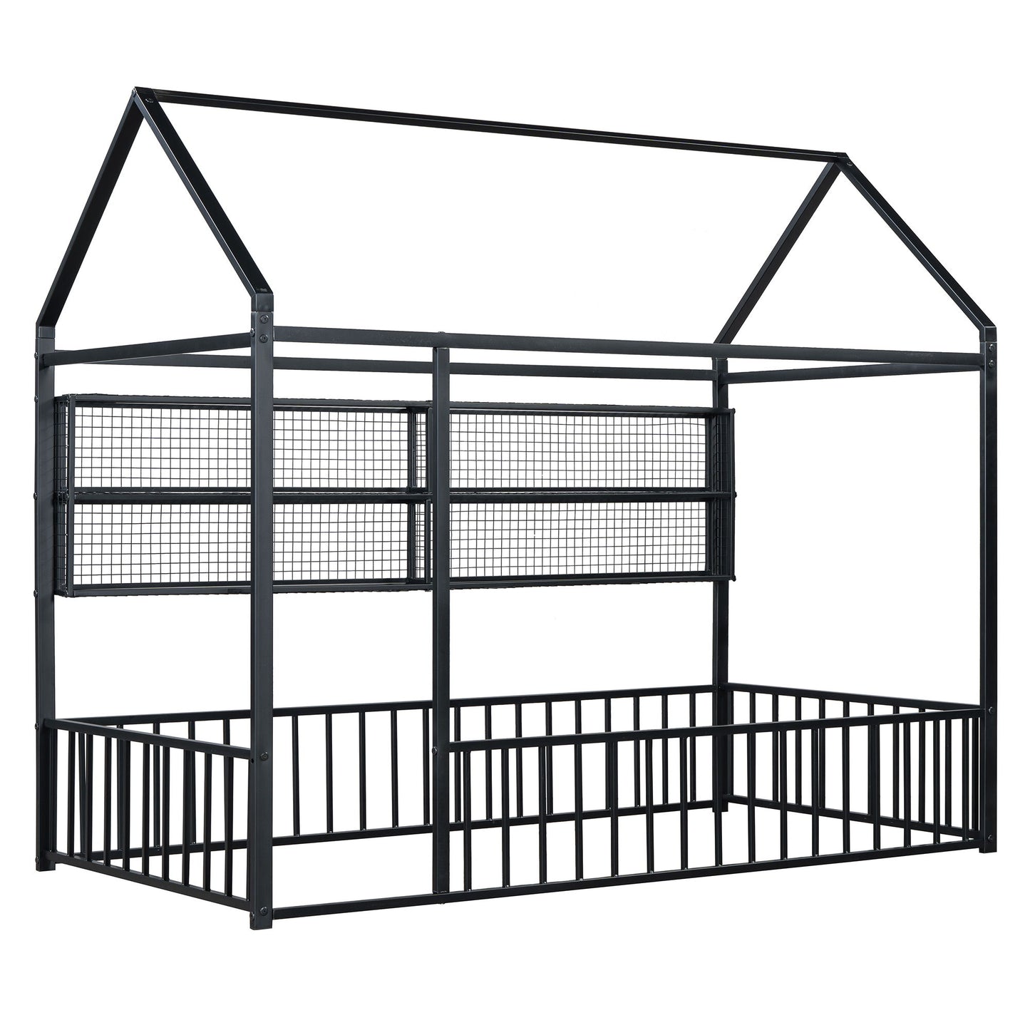 Twin Size Bed House Frame With Fence And Shelves - Black