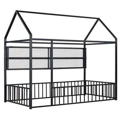 Twin Size Bed House Frame With Fence And Shelves - Black