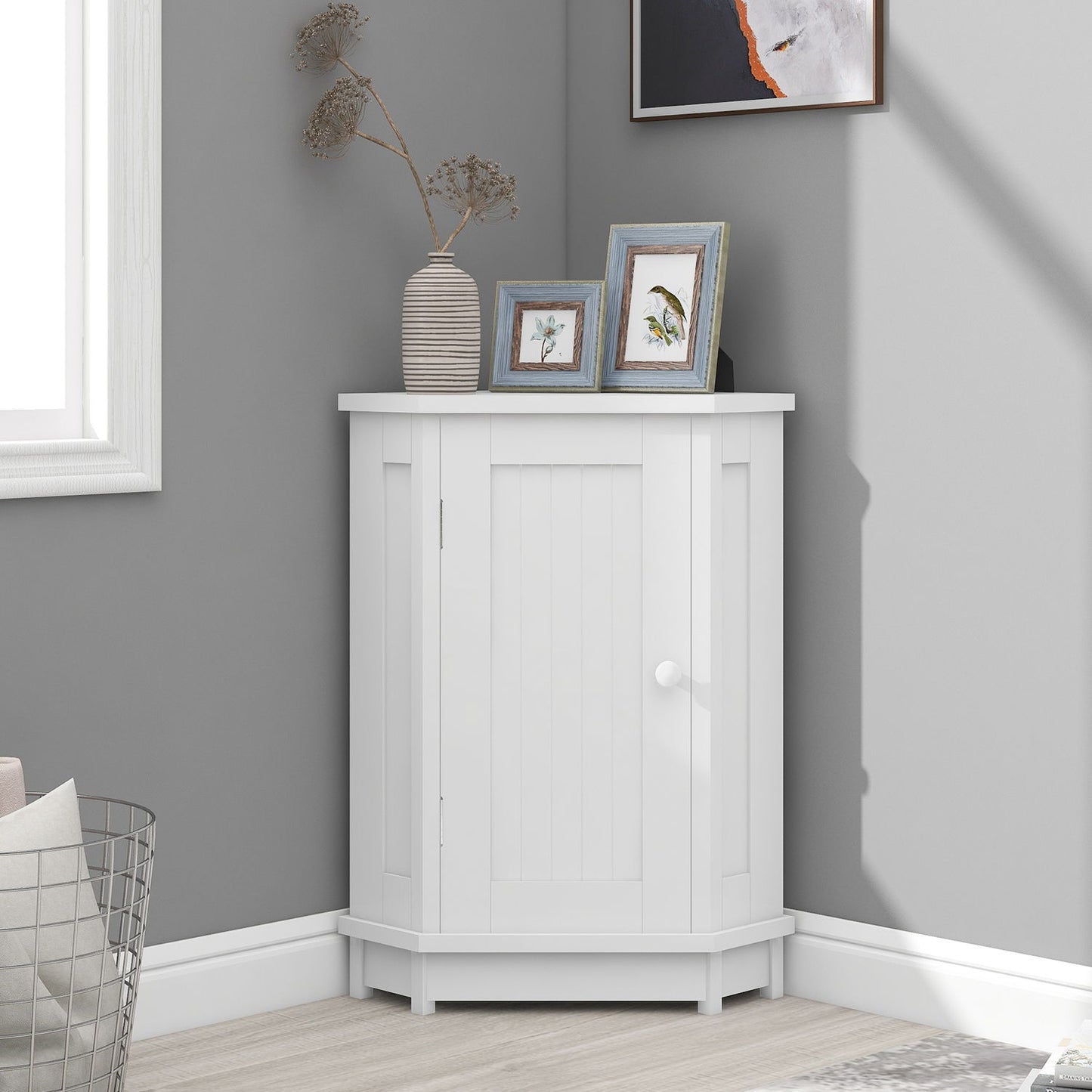 Bathroom Cabinet Triangle Corner Storage Cabinet With Adjustable Shelf Modern Style - White