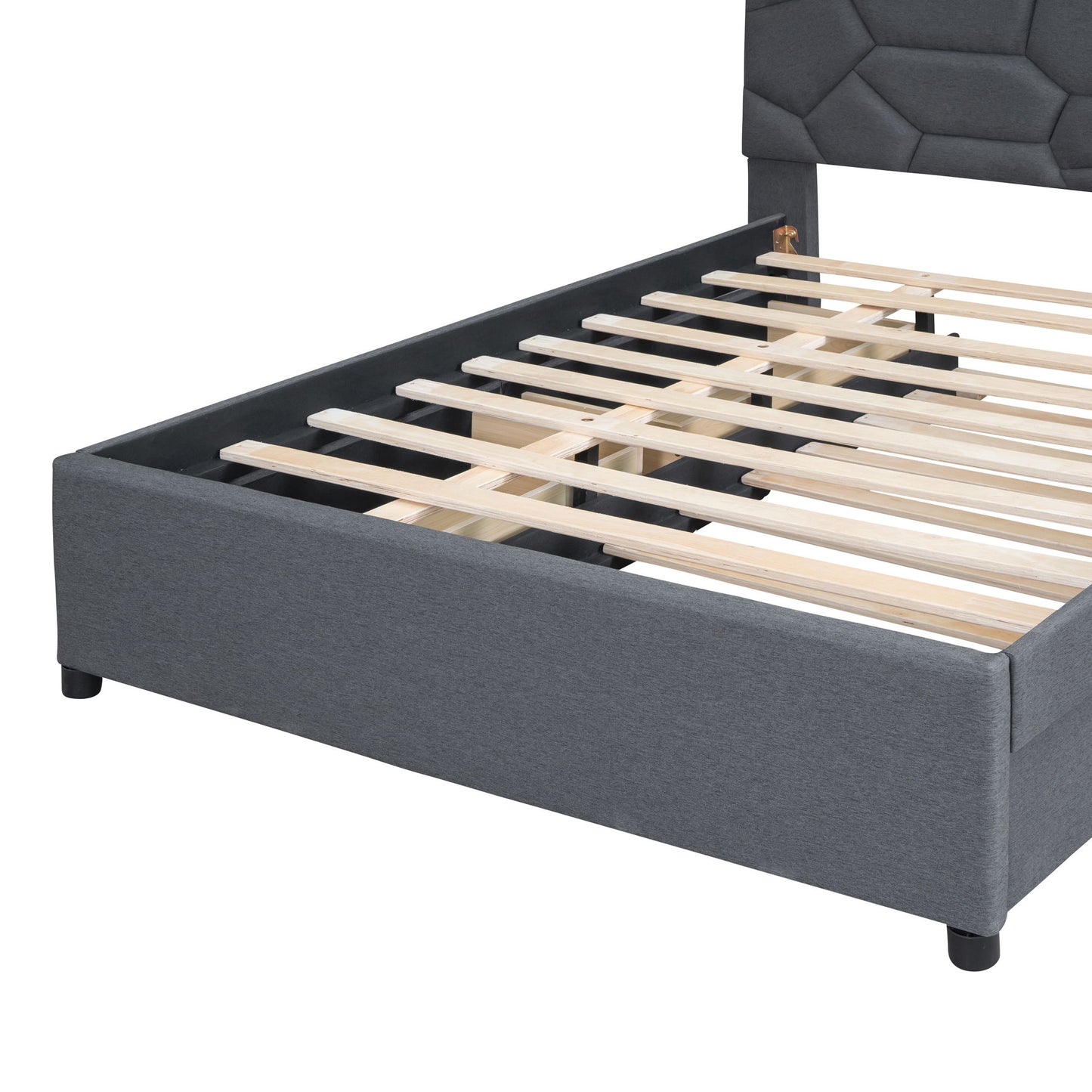 Full Size Upholstered Platform Bed With Brick Pattern Headboard, With Twin Size Trundle And 2 Drawers - Gray