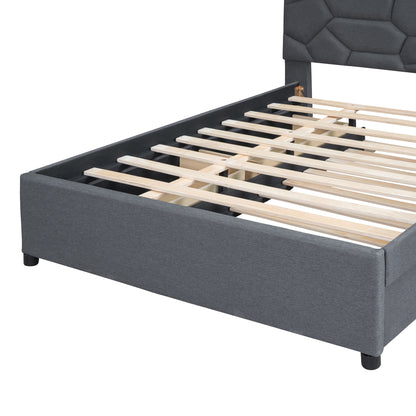 Full Size Upholstered Platform Bed With Brick Pattern Headboard, With Twin Size Trundle And 2 Drawers - Gray