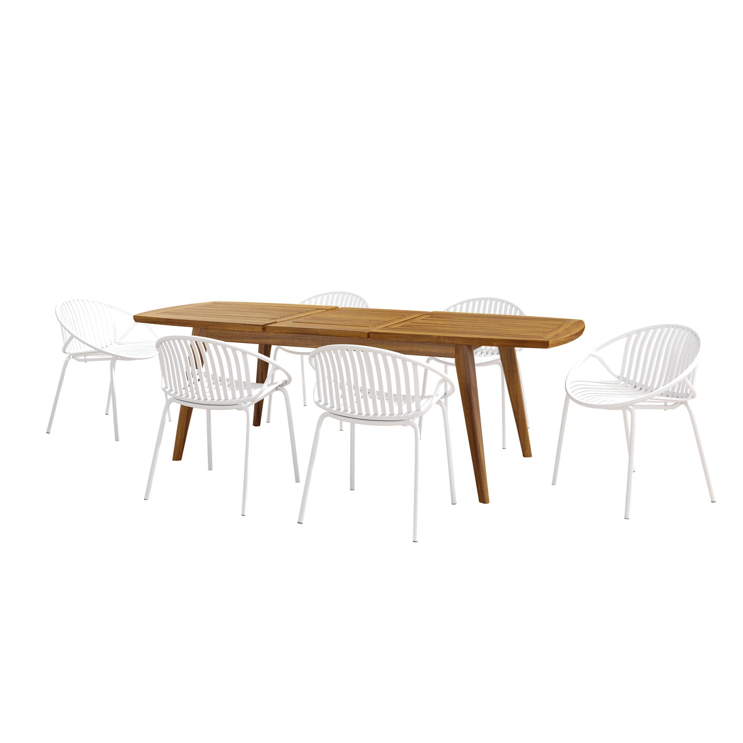 Modern Expandable Outdoor Dining Set With Stackable Chairs - White / Teak