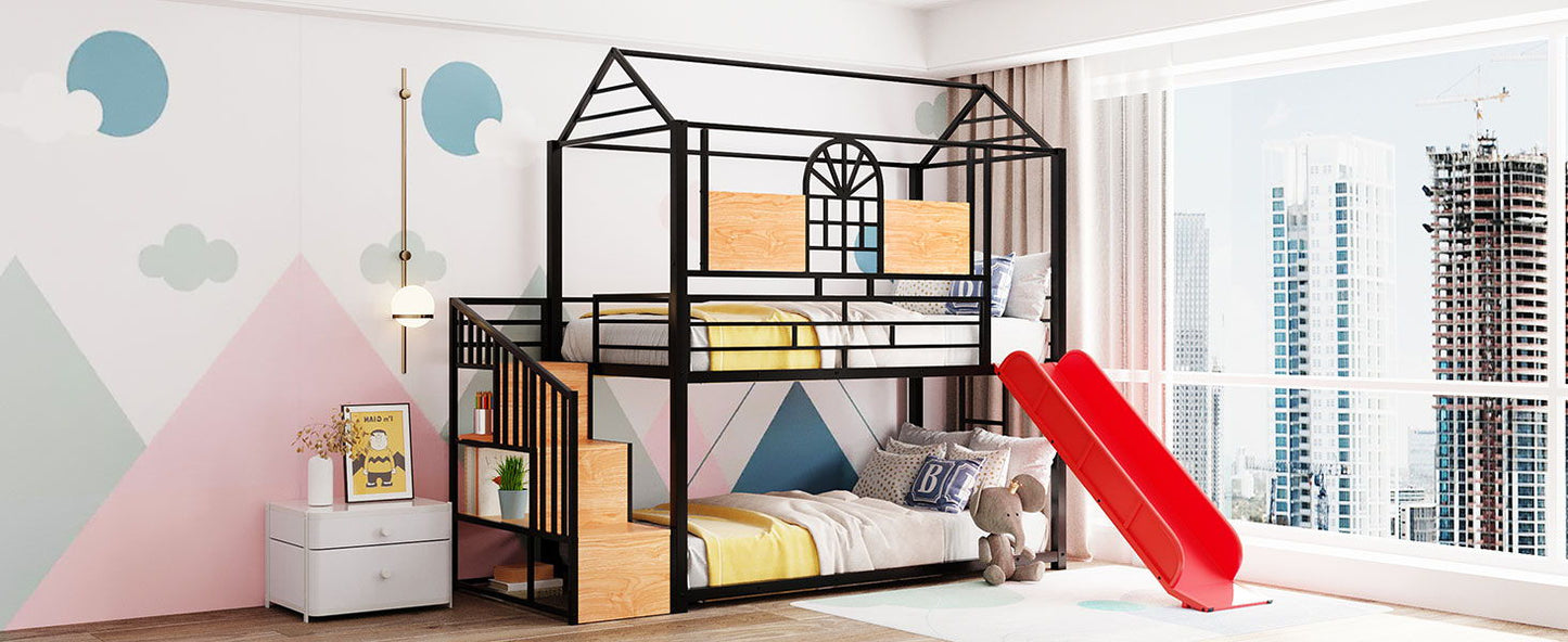 Twin Over Twin Bunk Bed, Housebed With Slide And Storage Stair - Black / Red
