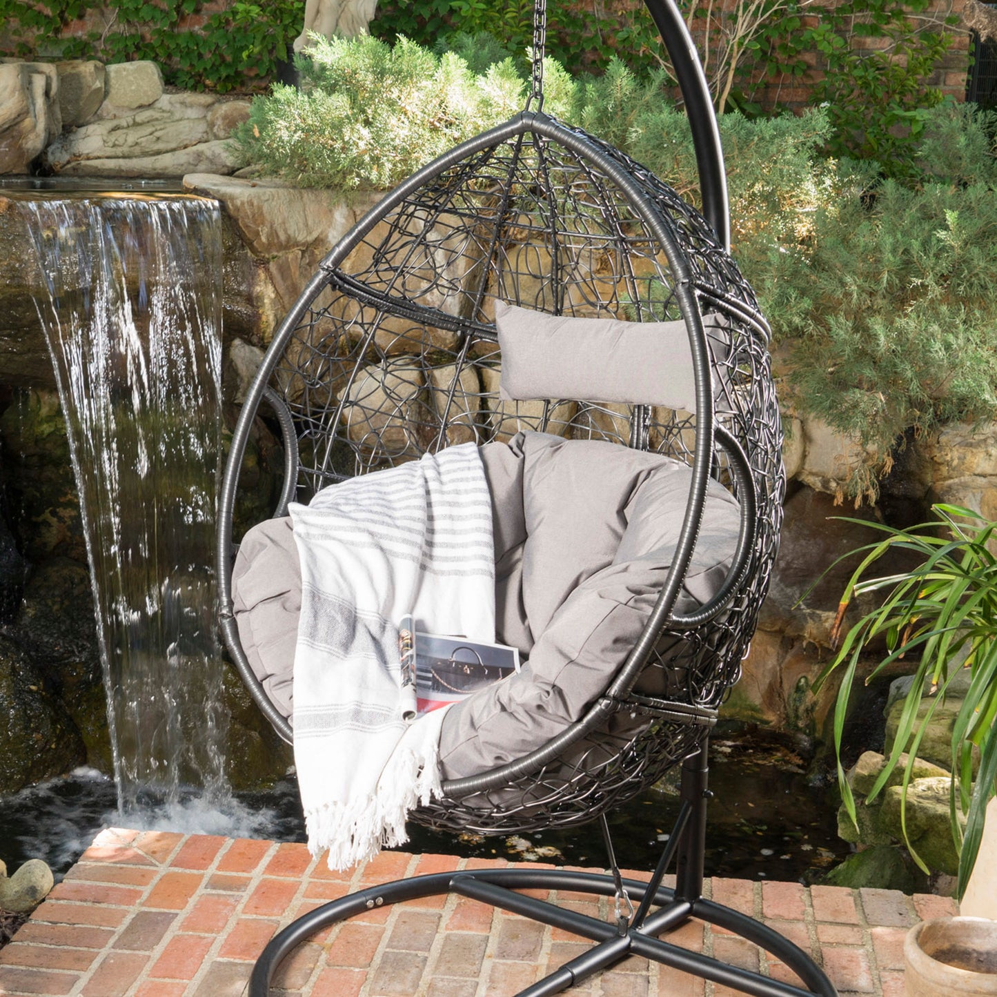 Kylie - Boho Style Hanging Basket Chair Rattan With Water Resistant Cushions - Gray