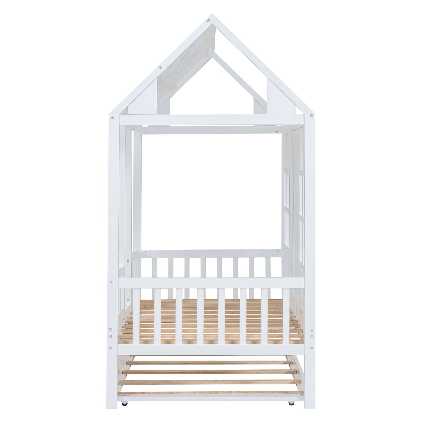 Twin Size House Bed With Twin Size Trundle, Daybed - White