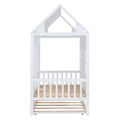 Twin Size House Bed With Twin Size Trundle, Daybed - White