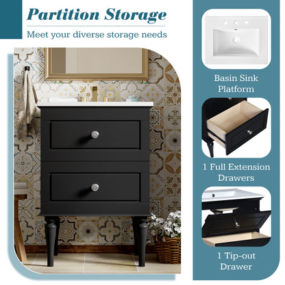 Bathroom Vanity Cabinet With Ceramic Sink Combo Set, Frame Modern Bathroom Storage Cabinet With 2 Drawers - Black