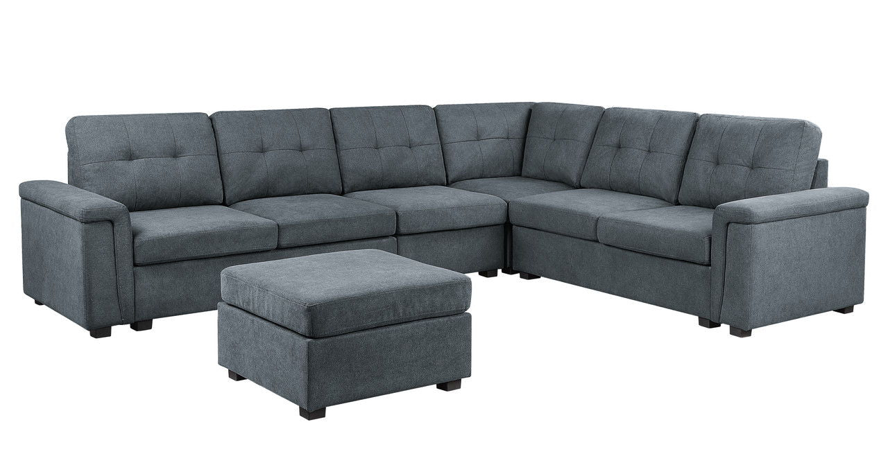 Isla - Woven Fabric 7 Seater Sectional Sofa, Ottoman - Gray