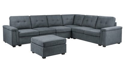 Isla - Woven Fabric 7 Seater Sectional Sofa, Ottoman - Gray