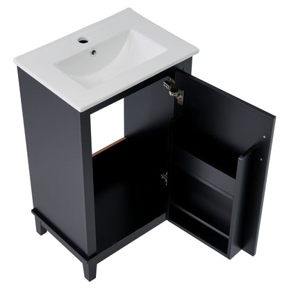 Modern Small Bathroom Vanity Cabinet With Ceramic Basin, Ample Storage, 1 Soft Close Door - Black