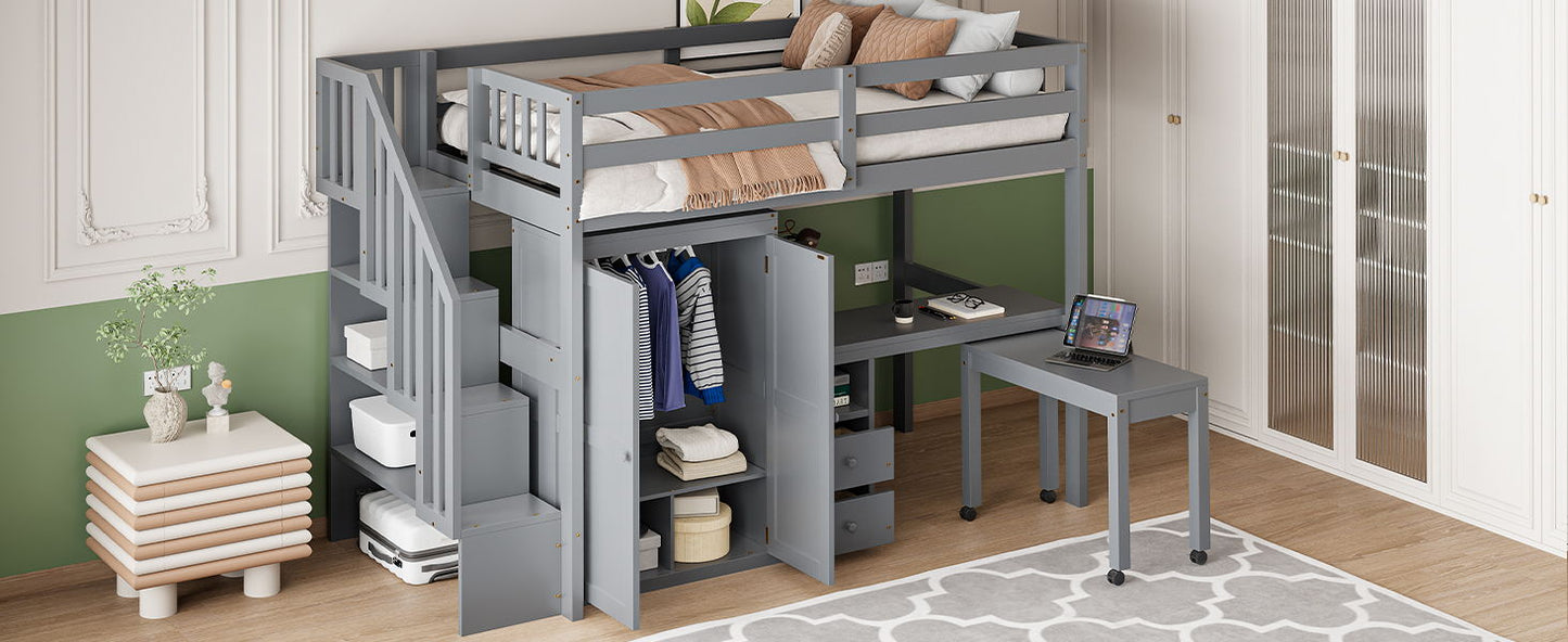 Twin Size Loft Bed With Stairs, Bookshelf, Drawers, Desk & Wardrobe, Space Saving Multifunctional Furniture - Gray