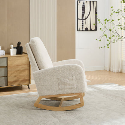 Rocking Chair For Nursery, High Back Glider With Retractable Footrest, Boucle Upholstery, Rubber Wood Legs - Ivory