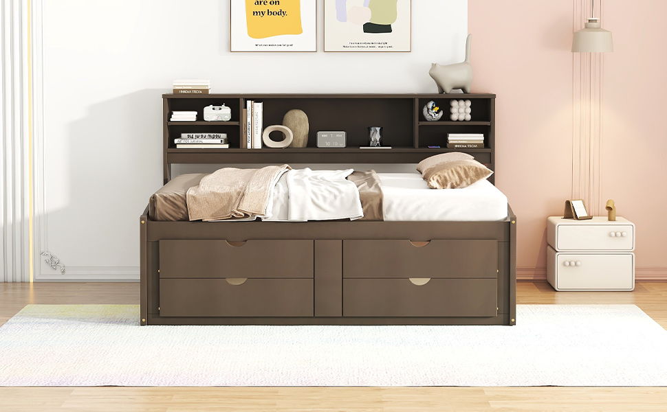 Full Size Daybed With 2 Bedside Cabinets, Upper Shelves And 4 Drawers - Antique Brown