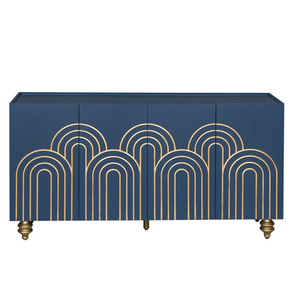 Modern Fluted Sideboard Buffet With Adjustable Shelves, Curve Element With Strict Lines - Navy Blue
