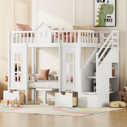 Twin Over Twin Bunk Bed With Changeable Table, Turn Into Upper Bed And Down Desk - White