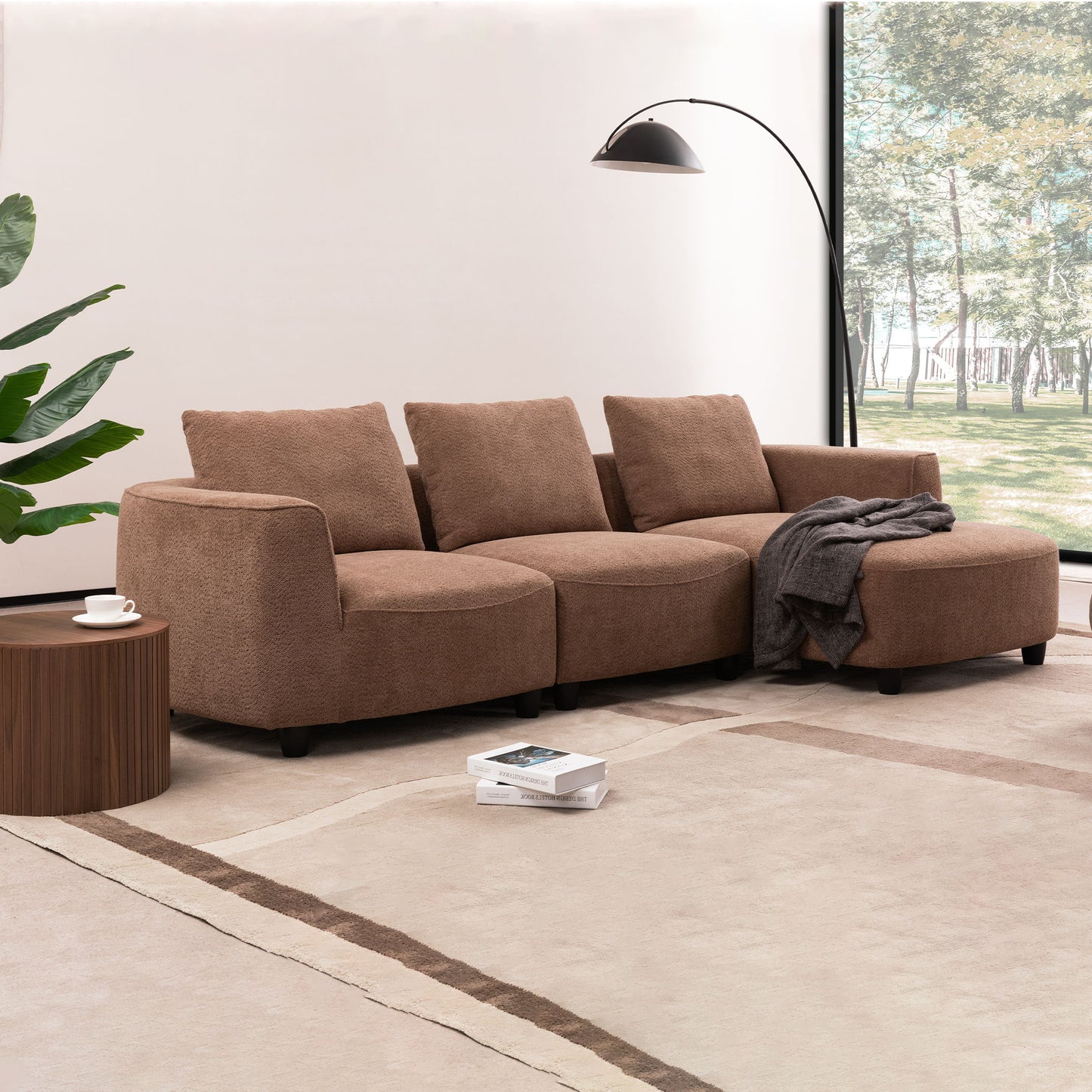 Mid - Century Modern Three Seater Sofa, Lamb Wool Fabric - Camel