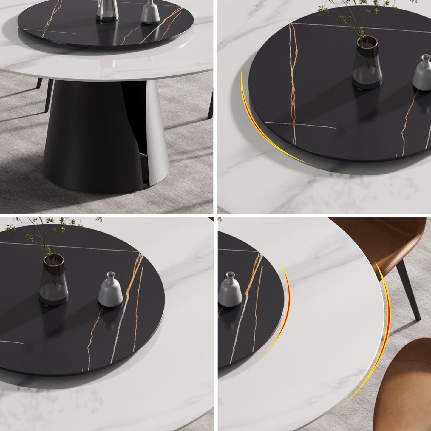 59.05" Modern Artificial Stone Round Carbon Steel Base Dining Table, Can Accommodate 6 People, Black Artificial Stone Turntable - White / Black