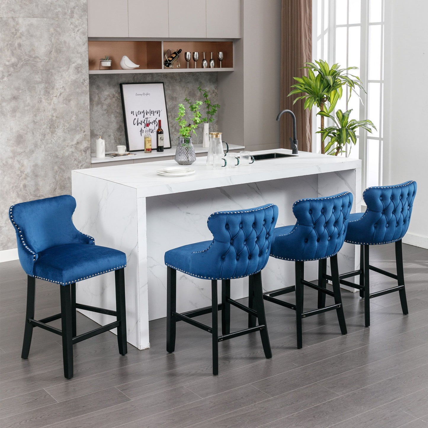 Contemporary Velvet Upholstered Wing-Back Barstools With Button Tufted Decoration And Wooden Legs, And Chrome Nailhead Trim, Leisure Style Bar Chairs, Bar Stools (Set of 2) - Blue