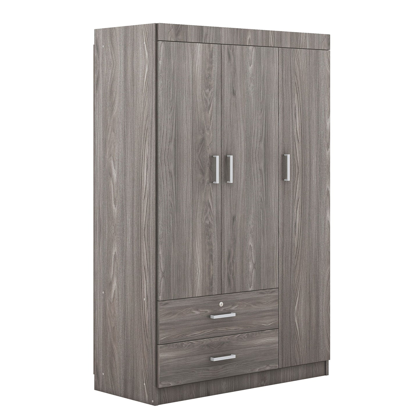 3 Door Wardrobe With 2 Drawers, Grain Effect - Gray