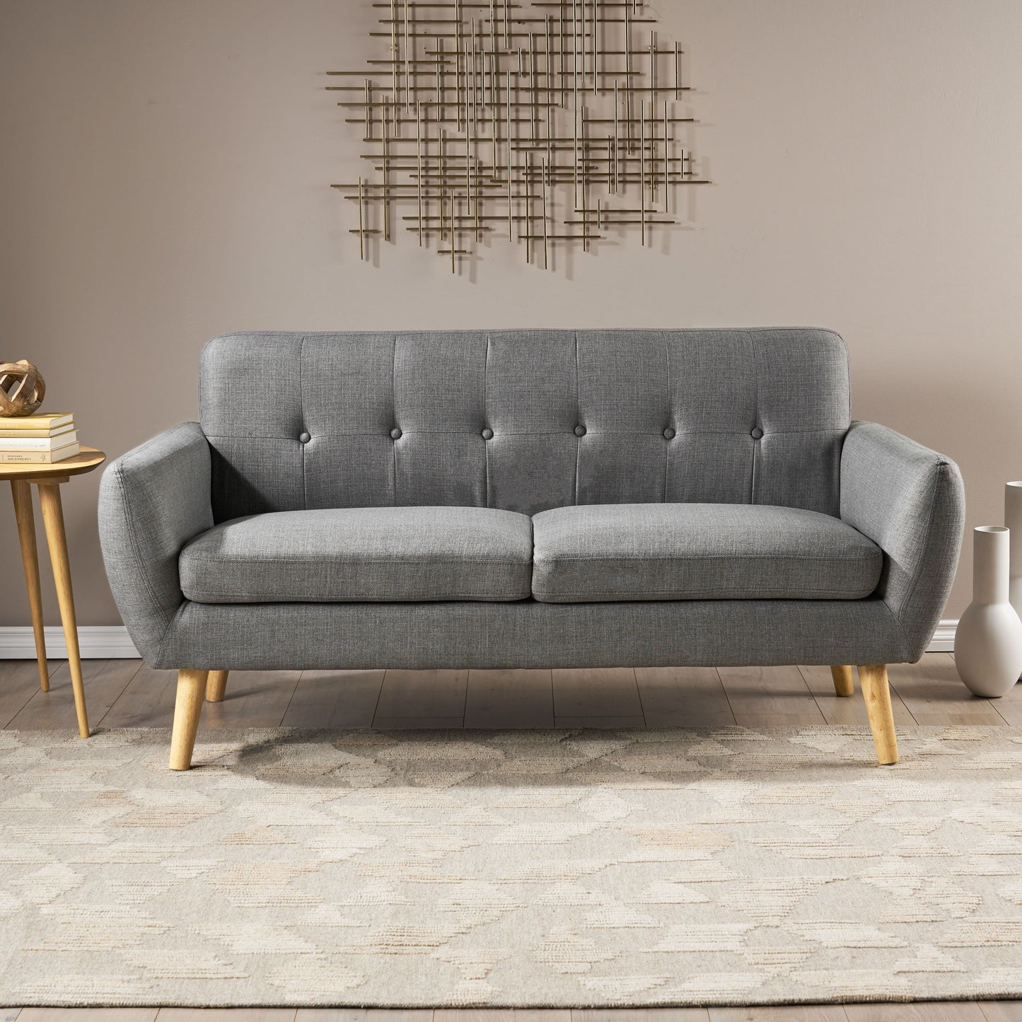 Mid Century Modern Loveseat Sofa With Button Tufted Backrest - Dark Gray