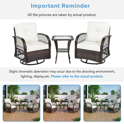 3 Piece Outdoor Chair & Table Set Chat Set 2 Person Rattan Seating Group With 2 Swiveling And Rocking Chairs And A Square Table For Garden, Patio, Or Balcony - Brown