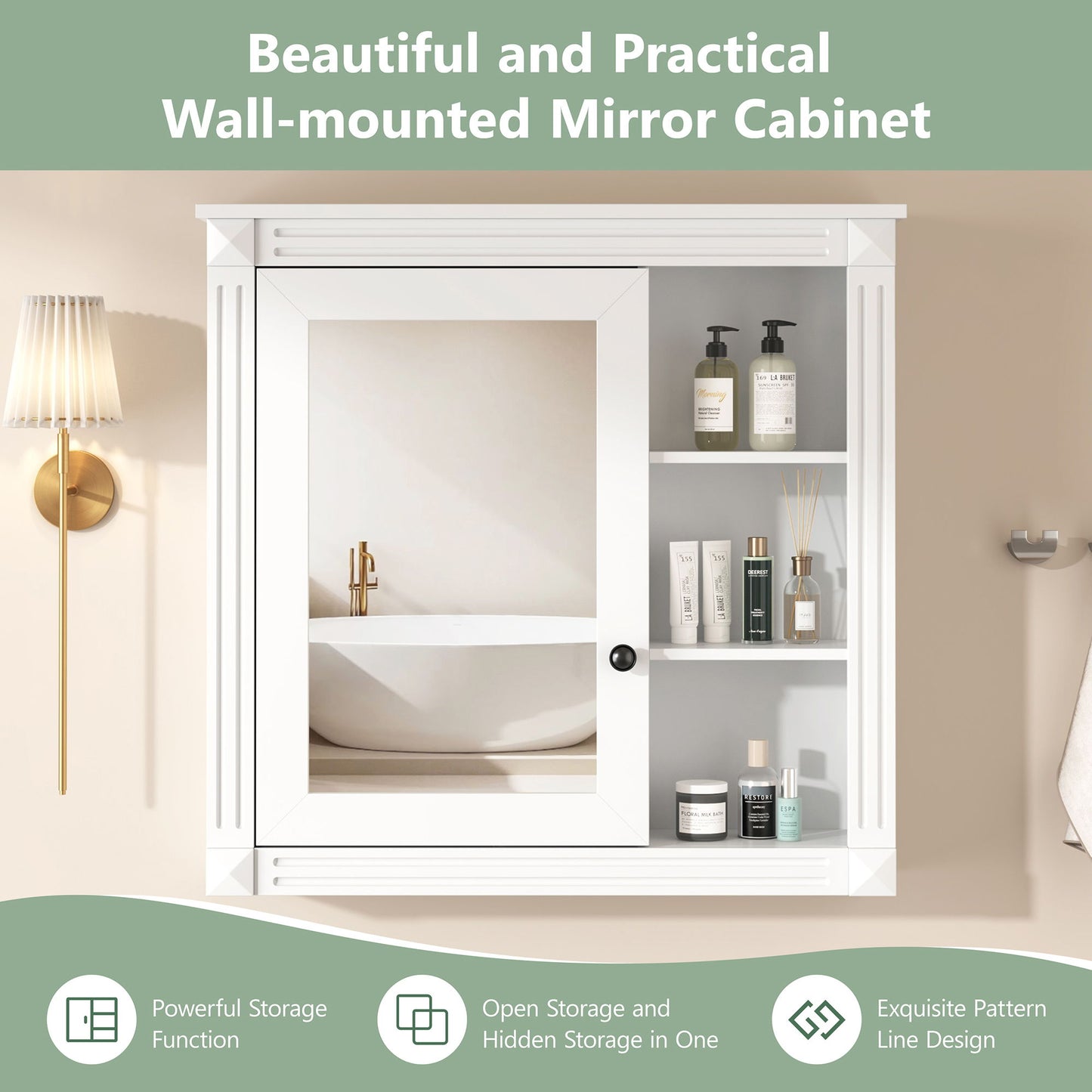 Bathroom Medicine Cabinet With Mirror, Wall Mounted Mirror Cabinet With Storage Organizer, Over The Toilet Storage White Storage Cabinet For Bathroom - White