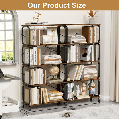 5 Tier Industrial Bookshelf, Rustic Brown Tall Bookcase With Open Wood & Metal Design, Vintage Storage Organizer - Black