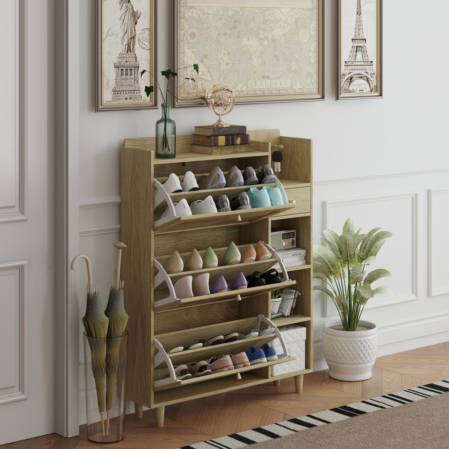 Natural Bohemia Style Shoe Cabinet, Shoe Rack Cabinet With 3 Rattan Flip Drawers, 3 Square Shelves And 1 Storage Drawer, Shoe Organizer With Mulit Storage Space And Hooks For Hallway, Entryway - Natural