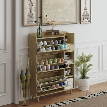 Natural Bohemia Style Shoe Cabinet, Shoe Rack Cabinet With 3 Rattan Flip Drawers, 3 Square Shelves And 1 Storage Drawer, Shoe Organizer With Mulit Storage Space And Hooks For Hallway, Entryway - Natural