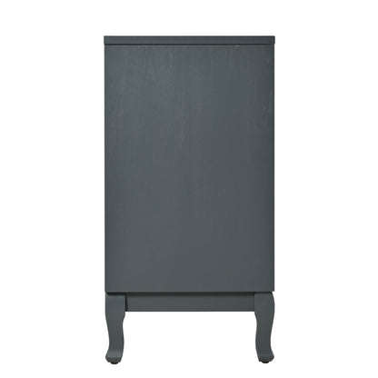 Retro Industrial Gray 4 Door Sideboard With Large Storage, Rattan And Glass Doors - Antique Dark Gray / Rattan