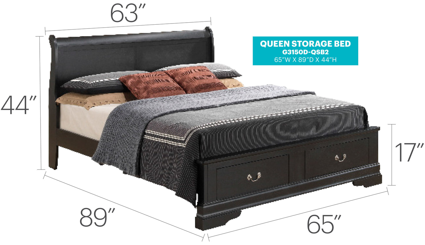 Louis Phillipe - Queen Storage Elegant Bed - Black