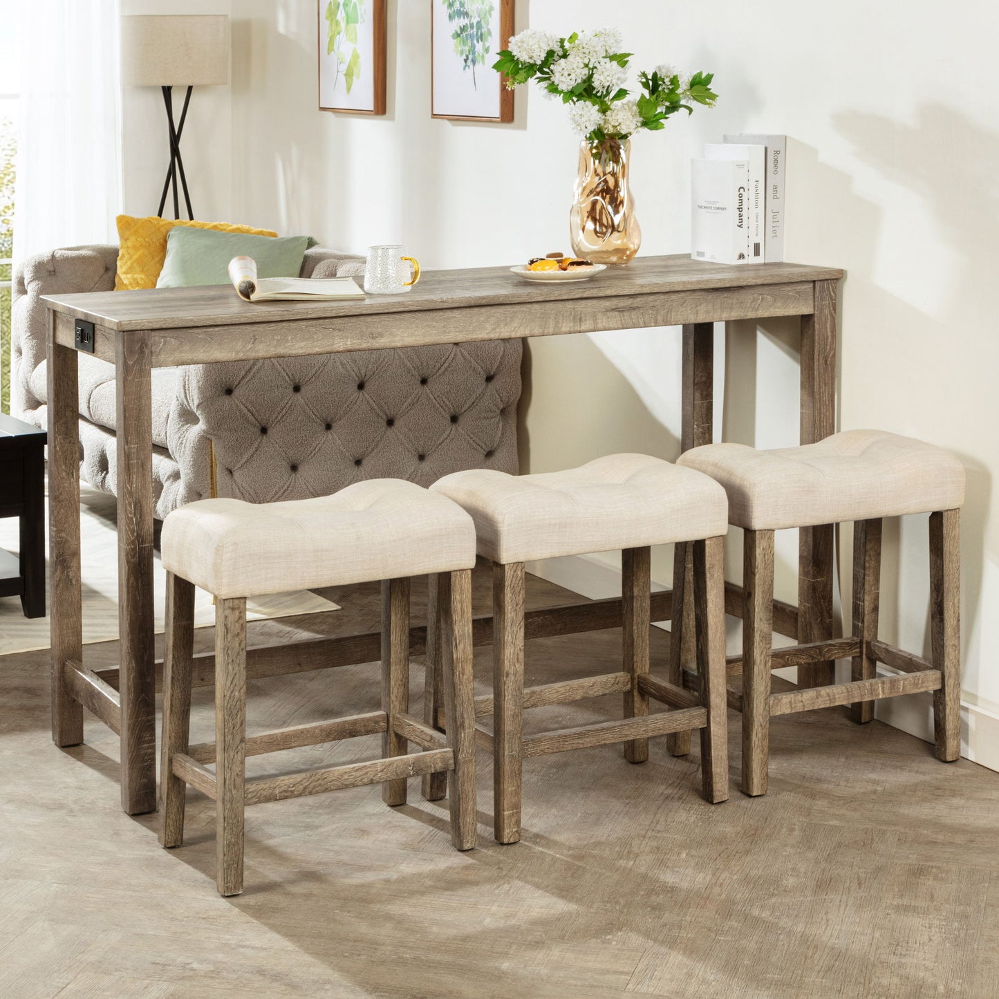 4 Piece Bar Table Set With Power Outlet, Dining Bar Table And Chairs Set, Bar Table Set With 3 Padded Stools For Living Room, Dining Room - Brown